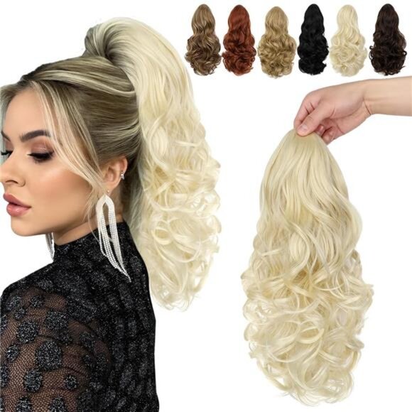 Womens 15" Ponytail Extension Drawstring Curly Wavy Ash Blonde - Picture 1 of 5